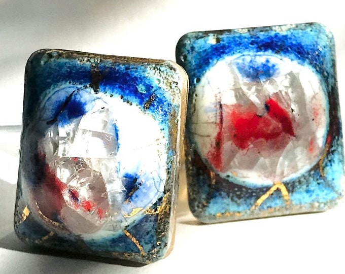 Vintage Victoria Fleming Cufflinks, Mid Century Modernist Work of Art Cufflinks, Aqua, Navy Blue Red, White, Porcelain, Gold-tone, Rare Gift