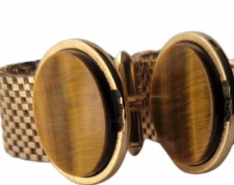 Tigers Eye Vintage Wrap Chain Cufflinks, Bright Oval Tigers Eye Center, Mid Century Vintage Retro Cufflinks, Business to Formal, Gift 4 Him