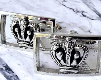 Royal Adornment Vintage Cufflinks, Cool Silver-tone Retro Crown Regal Emblem Cuff Links, Rectangular Frame, Gift for Your Courtly King
