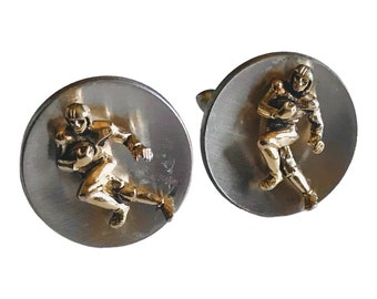 FootBall Theme Vintage Cuff Links, Mid Century Cufflinks, Retro Gold-tone 3D Football Player Running the Ball on Silver-tone Round Base