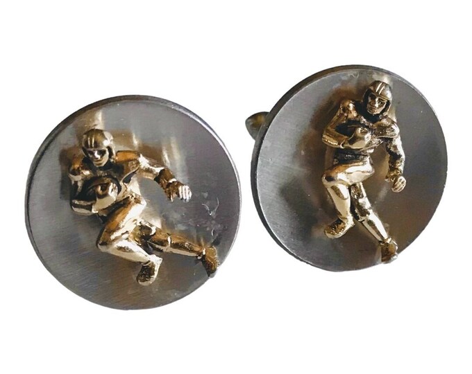 FootBall Theme Vintage Cuff Links, Mid Century Cufflinks, Retro Gold-tone 3D Football Player Running the Ball on Silver-tone Round Base