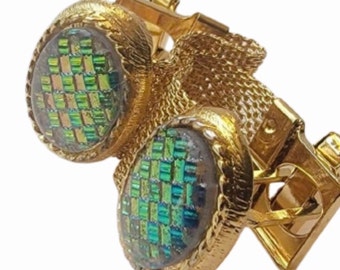 Vintage Gold-Tone Cufflinks: Opalescent Grid Design, 1970s Retro Style