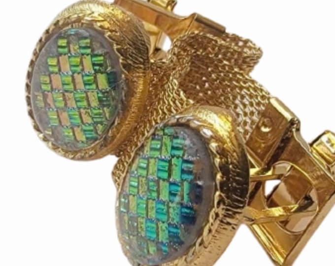 Mesmerizing Vintage Cufflinks, Oval Opalescent Grid Design, Retro Cuff Links Gold-tone Wrap, Enchanted Wedding Bling, Groom Swag
