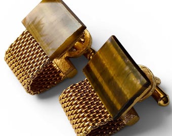 Tigers Eye Retro Cufflinks, Rectangular Cufflinks, Wrap Feature, Gold-tone Mesh Chain, Mens Jewelry, Retro Thoughtful Groom Prom Grad Gift