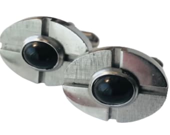 Vintage Cufflinks, Mid Century Modern Cuff Links, Silver Tone Maltese Cross Shape Setting, Black Oval Center, Mens Retro Fashion Jewelry