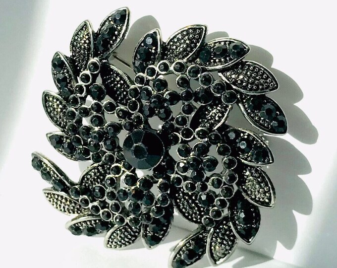 Classic Black Rhinestone Vintage Floral Brooch Pin Mid Century Mourning Brooch