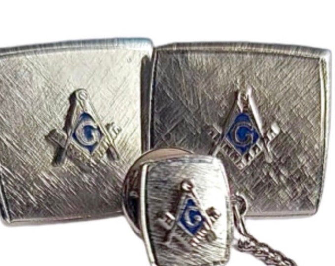 Fraternal Order Vintage Cufflink and Tie Pin Set, Silver-tone True Blue, Free Mason Emblem, Mid Century Retro, Florentine, Builder Present