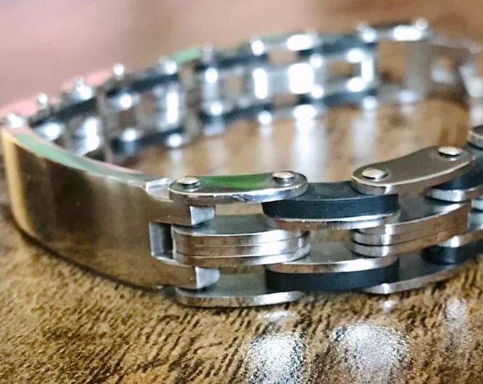 Mens Matte Black Silicone and Silvertone Stainless Steel ID Bracelet, Open Panther Link Polished Finish, Engravable ID Placket, Solid Clasp