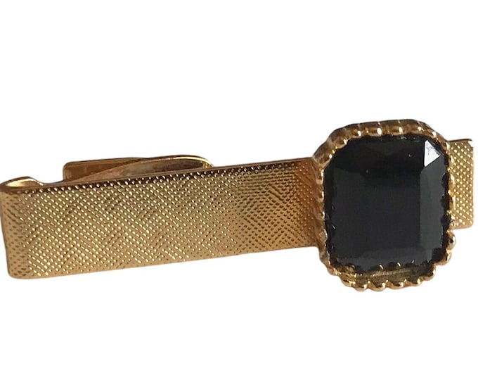 Vintage Tie Clip, Retro 70s Florentine Pattern, Shiny Noir Black Square Emerald Cut Accent Stone, Dapper Formalwear Tie Accessory, Gold-tone