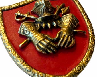 Knight in Armor Pin, Royal Crest Sheild Motif Lapel Pin Brooch, Goldtone Regal Heraldry Design on Red Background