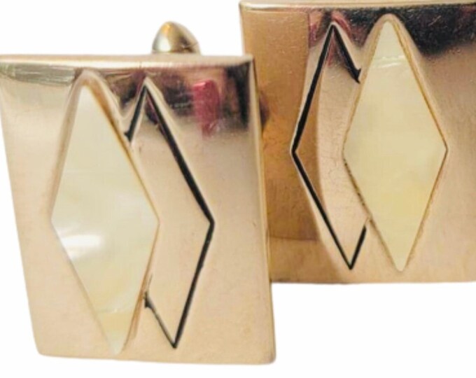 Gold Tone Vintage Mid Century Cufflinks, Atomic Geometric, Argyle Mother of Pearl Inlay, Preppy Gift, Rockabilly Bling For The Retro Event