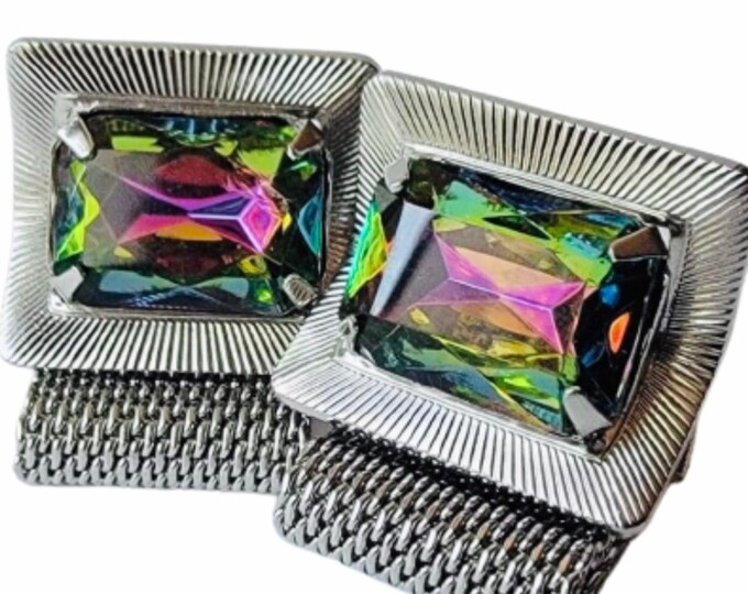 Incredible “Mod” Design, Get These If You Have A Retro Heart, Large Prism-ish Emerald Cut Glass, Silvertone Mesh Chain Wrap Setting