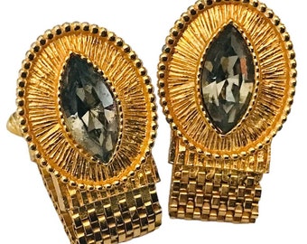 Vintage Cufflinks, Light Grayish-Green Glass Cat Eye Oval Stone, Gold-tone Wrap Cufflinks, Romantic Groom Gift, Thoughtful Gift, Formalwear