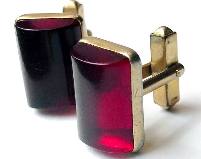 Classic Vintage Cufflinks, Mid Century Modern, Red Lucite Goldtone, Deco Design, Dapper, Rockabilly, Grooms, Classy Retro Gift