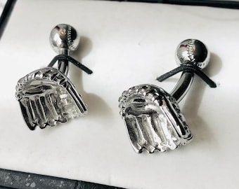 Preowned Baseball Theme Cuff Links, Silver-tone Baseball Mitt Glove Motif, Detailed Glove Design, Cufflink Sportsman Gift