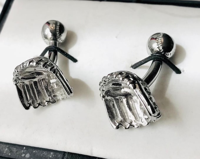 Preowned Baseball Theme Cuff Links, Silver-tone Baseball Mitt Glove Motif, Detailed Glove Design, Cufflink Sportsman Gift