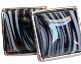 Snazzy Black and White Stripe Chunky Vintage Cufflinks, Vintage CuffLinks, Square Chunky Abstract, Zebra Lines, Silver-tone Retro Cuff Links