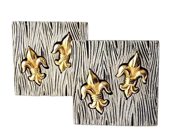 Handsome Estate Cufflinks, Mid Century, Raised Gold-Tone Fleur De Lis on Silver-Tone Textured Finish,