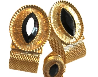 Vintage Goldtone Cufflink Tie Pin Set: Black Glass, Di Gino Box