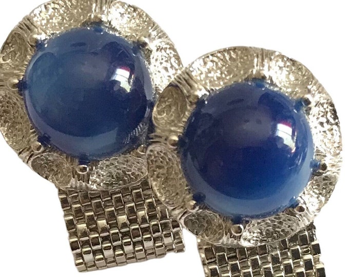 Vintage Cufflinks, Deep Earthly Blue Cabochon, Silver-tone Mesh Chain Wraps, 1970s Modern Design, Mens Elegant Giftware, Retro Prom Accent