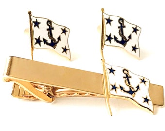 Nautical Navy Anchors Sailor Vintage Cufflinks and Tie Clip Set Goldtone Navy and White