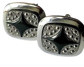 MidCentury Raised Motif Cuff Links, Silver-tone Black Retro Square Cufflinks, Black Star Gray Accents, Cool Rockabilly, Steampunk, Man Gift