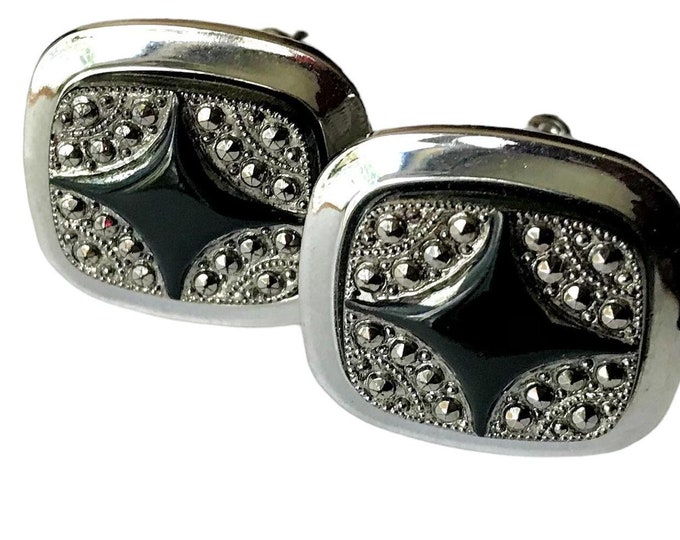 MidCentury Raised Motif Cuff Links, Silver-tone Black Retro Square Cufflinks, Black Star Gray Accents, Cool Rockabilly, Steampunk, Man Gift