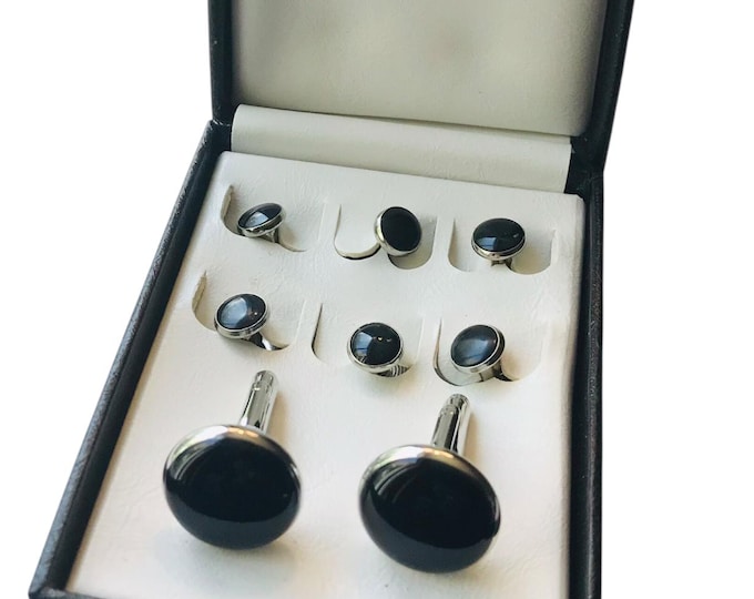 Pre-owned Vintage, Silvertone Cufflink Stud Set, Shirt Button Stud Formalwear Set, Classic Design, Black Round Enamel core, Tuxedo Accent