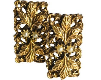 Striking Vintage Gold-tone Leaf Design Cufflinks, Aged Goldtone Patina, Large Rectangular Formal Ornate Old World Traditional Tara Design