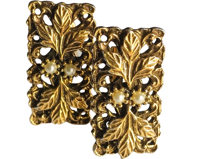 Striking Vintage Gold-tone Leaf Design Cufflinks, Aged Goldtone Patina, Large Rectangular Formal Ornate Old World Traditional Tara Design
