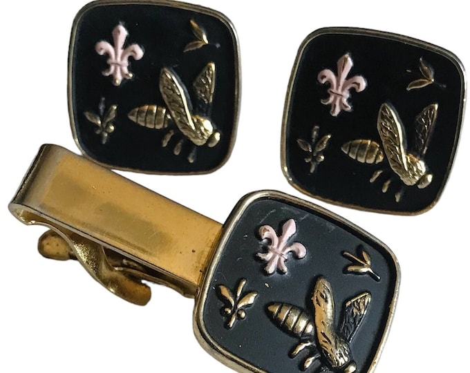 Vintage Cufflink & Tie Clip Set, Black Matte Enamel Gold-tone, French Coat of Arms, Bee, Fleur de Lys, Mid Century, Napoleon Theme Cufflink