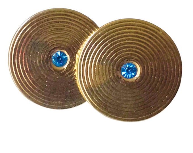 Round Vintage Cufflinks, Mid Century Modern, GoldTone Disk Shape Spiral Groove Cuff Links, Royal Blue Crystal Accent Stone, Retro Groom Gift