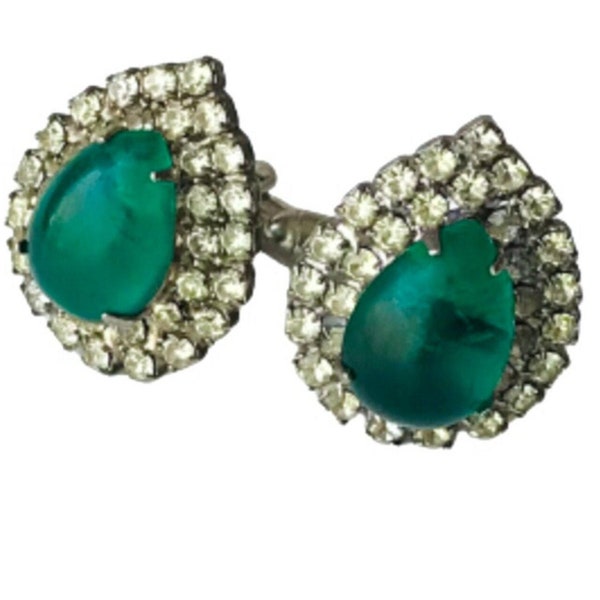 RED CARPET Cufflinks, Old Hollywood Glam, Very Vintage Green and White Rhinestone Silvertone, Fairytale Wedding Accent