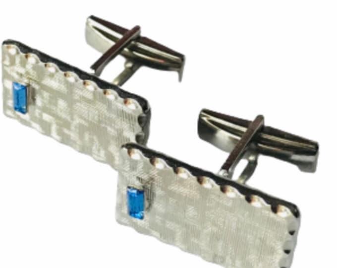 Silver-tone Vintage Cufflinks Geometric Florentine Blue Stone