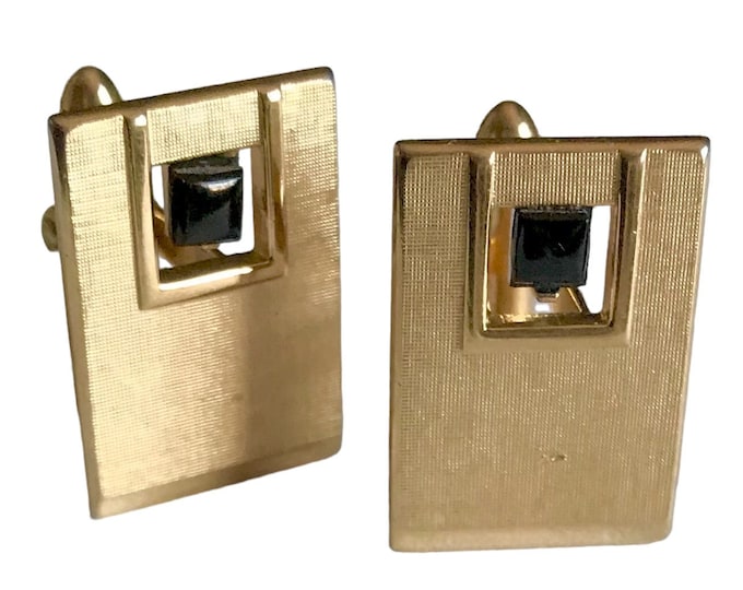 Vintage Mid Century Cufflinks, Rectangular Gold-tone Florentine, Black Cut-out, Handsome Classic Formal Design,