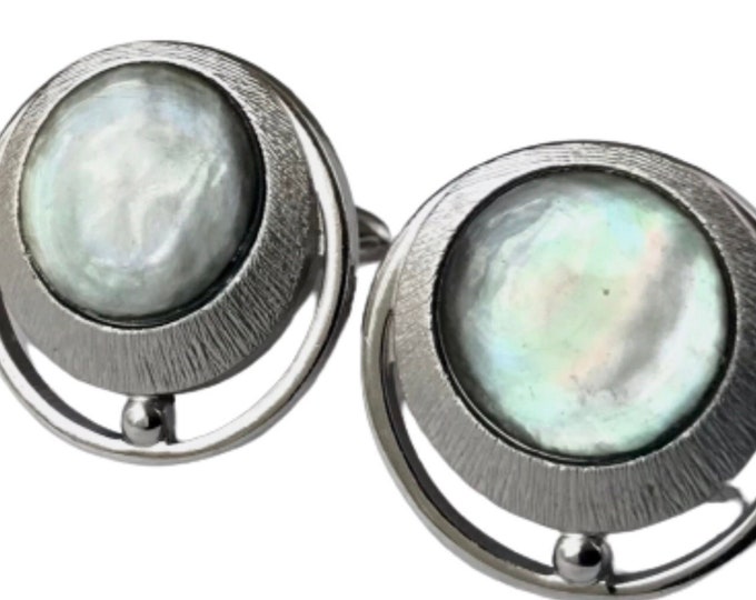 Vintage Cufflinks, Mother of Pearl Silver-tone and Gray, Vintage Cufflinks, Mid Century Modern Artistic Design, Retro Gift