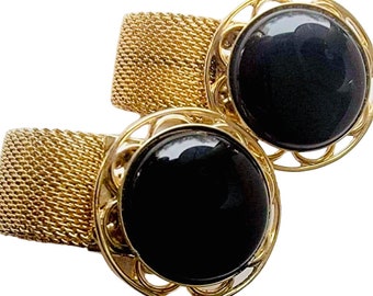 Retro Cufflinks Round Noir, Gold-tone Black Cabochon Wrap Around the Cuff Mesh Chain, Mid Century Well Dressed Fashion, Formal Cufflinks