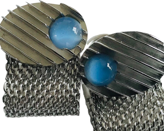 Charming Retro Hazy Blue Cabochon Cufflinks, Classic Vintage Silver-tone Louver Slat Wrap Cufflinks, Handsome Groom Gift, Preppy Prom Accent
