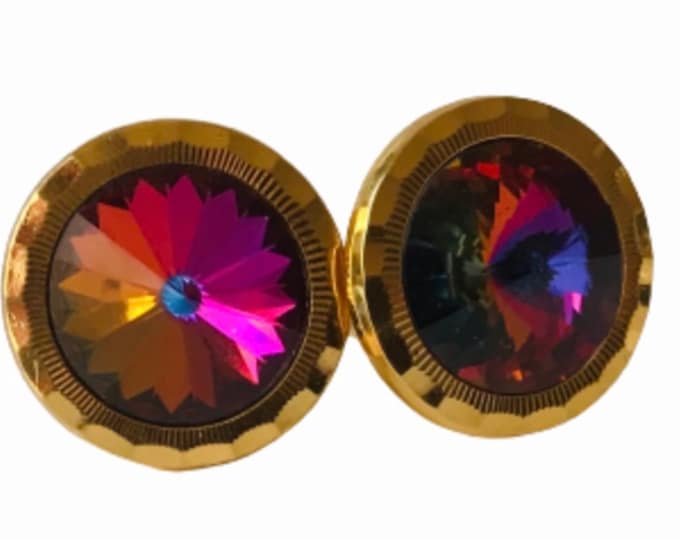 Stunning Vintage Retro Goldtone Colorful Rivoli Large Round Stone in Excellent Condition