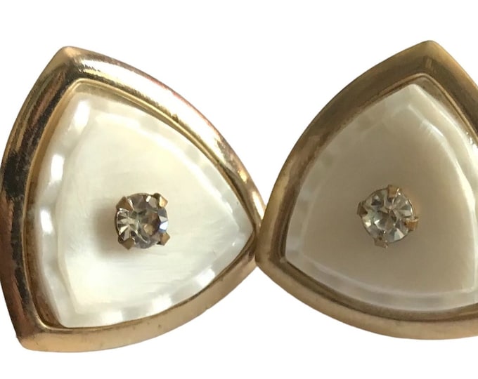 Cool Vintage Cufflinks, Mid Century Modern Cuff Links, Off White Triangles Gold-tone, Rhinestone Center Accent, Extra Retro, Groom Swag Gift