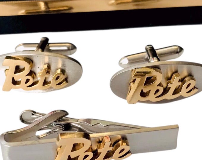 Vintage Mid Century Cuff Link Tie Clip Set, Personalized Name: Pete in a Raised Cursive Font, Goldtone on a Silvertone Base, Gift for Pete