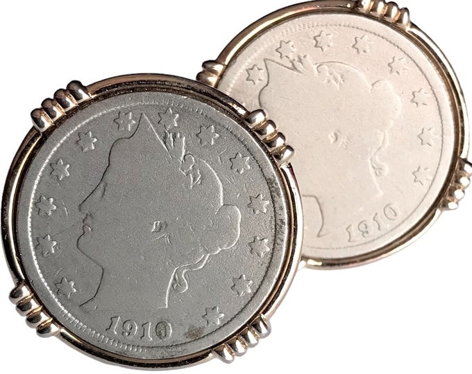 Lady Liberty Coin Vintage Cufflinks by Swank, Round Silver-tone 1910 Coin Set in Gold-tone, Two Tone Century Cuff Links, Liberty Stars Coin