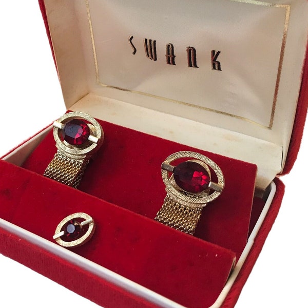 Striking Mid Century Retro Cufflink Tie Pin Set, Bright Goldtone Design Red Oval Stones, Wrap Cuff Links, Original Box, Handsome Groom Swag