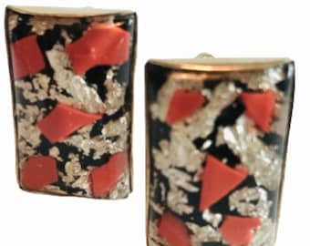 Vintage Cufflink, Multicolored Orange Black Silver Leaf, Mid Century Modern Design, Groovy Gold-tone Retro Swag, Prom, Vintage Cuff Links