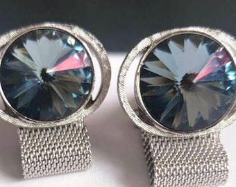 Steel Blue Vintage Cufflinks, Silver-tone Rivoli Crystal Wraps, Retro Classic Formal Mens Jewelry, Groomsmen, Prom Beau, Big Business Swag
