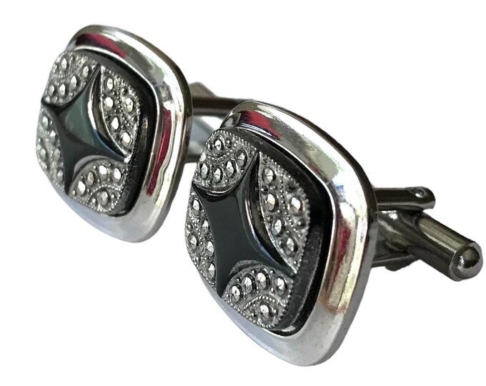 MidCentury Raised Motif Cuff Links, Silver-tone Black Retro Square Cufflinks, Black Star Gray Accents, Cool Rockabilly, Steampunk, Man Gift