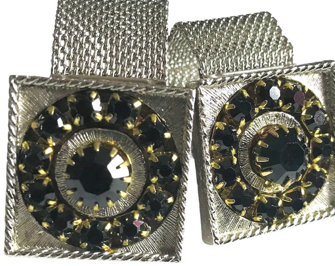 Stylish Formal Vintage Cufflinks, Elegant Black Multifaceted Stones, Square Face and Wrap Chain, Traditional Retro Cufflinks,