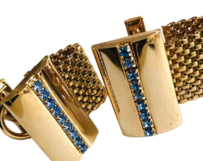 Midcentury Modern, Gold-tone Rectangular Cufflinks, Rich Blue Rhinestone Row, Polished Finish, Big City Cufflinks, Groom True Blue Gift