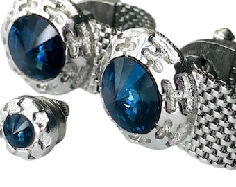 Deep Blue Rivoli Silver Tone Vintage Wrap Cuff Link Tie Pin Set, Mesh Chain Detail, Round Cufflink Tie Pin Face, Retro Groom Gift Groomsman
