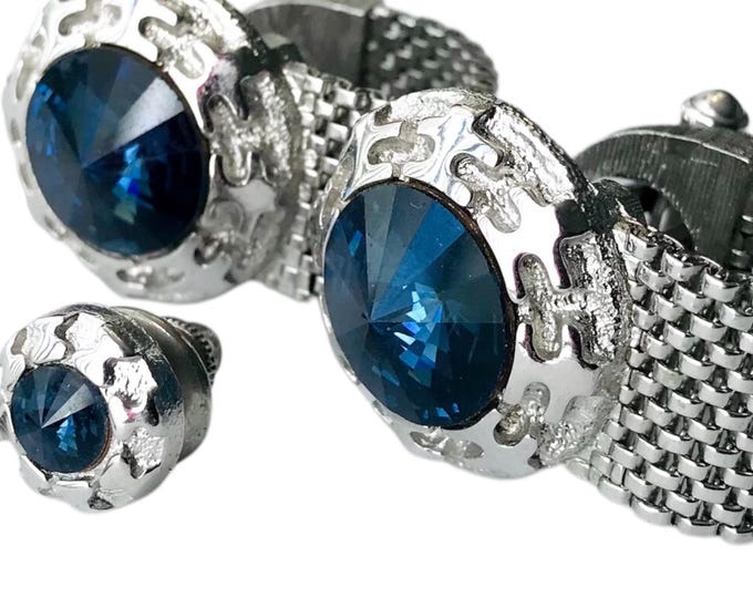 Deep Blue Rivoli Silver Tone Vintage Wrap Cuff Link Tie Pin Set, Mesh Chain Detail, Round Cufflink Tie Pin Face, Retro Groom Gift Groomsman